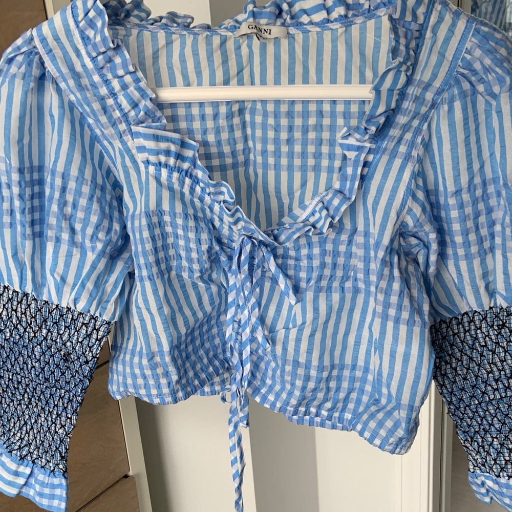 Ganni Blue Striped Ruffle Blouse - Picture 5 of 6